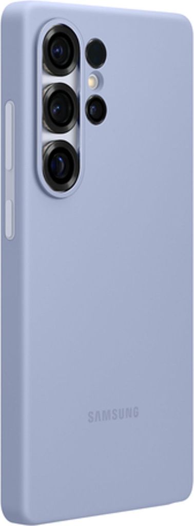 A light blue silicone phone case for a Samsung Galaxy S25 Ultra is shown from a side angle, displaying the camera cutout.