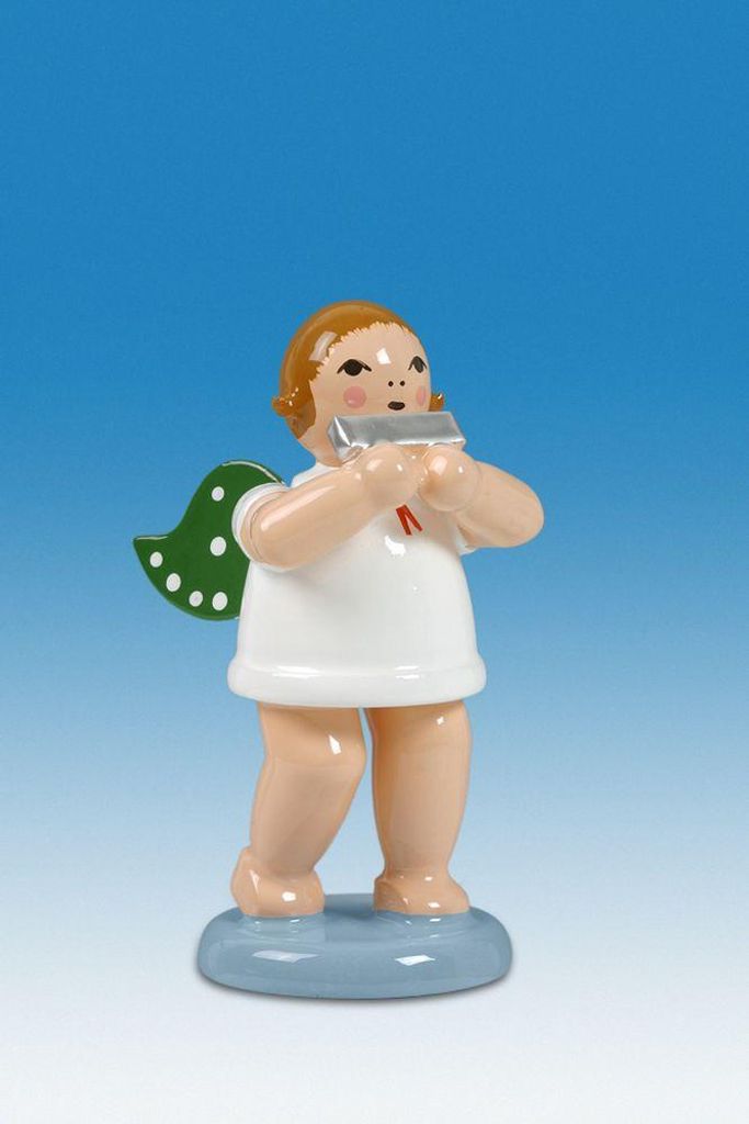 Holzfigur Engel mit Mundharmonika ohne Krone Höhe 6cm NEU