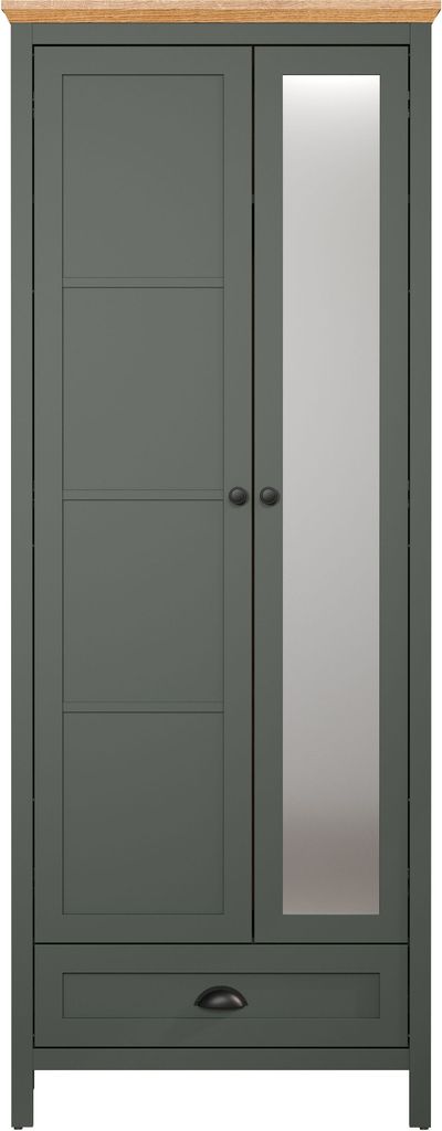 A front view of a two-door wardrobe with a drawer at the bottom and a mirror on the right door, set against a white background.