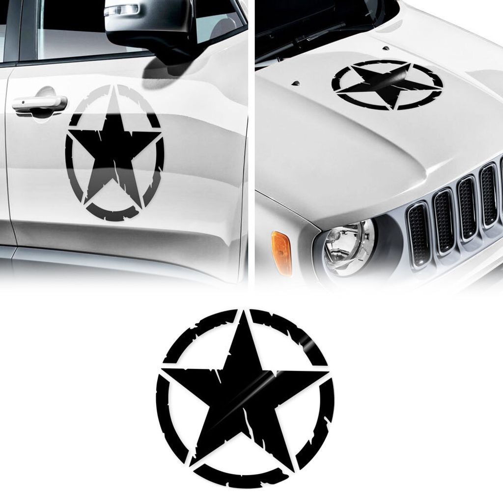Aufkleber Stern Army Militare für Jeep Renegade, Diam 33 cm, Schwarz glänzend, 2 Stück
