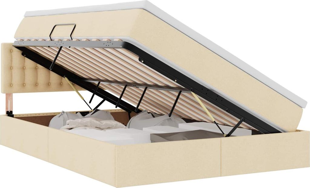 Bett mit Stauraum und LED mit Matratze Creme 140 x 190 cm Stoff