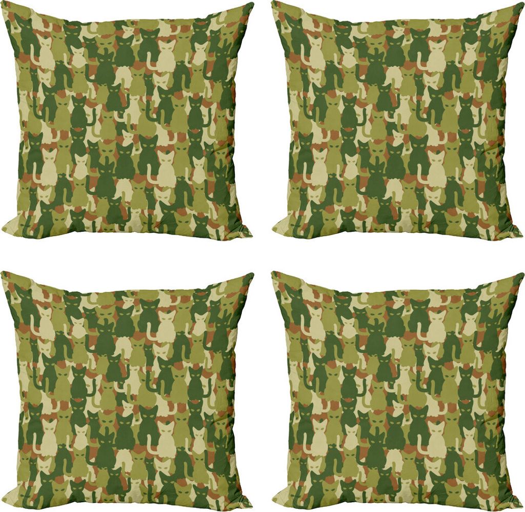 ABAKUHAUS Camo Kissenbezug Set (4 Stück), Kätzchen Silhouetten Jungle, Moderner Doppelseitiger Digitaldruck, 60 cm x 60 cm, Grün Dunkelgrün Creme