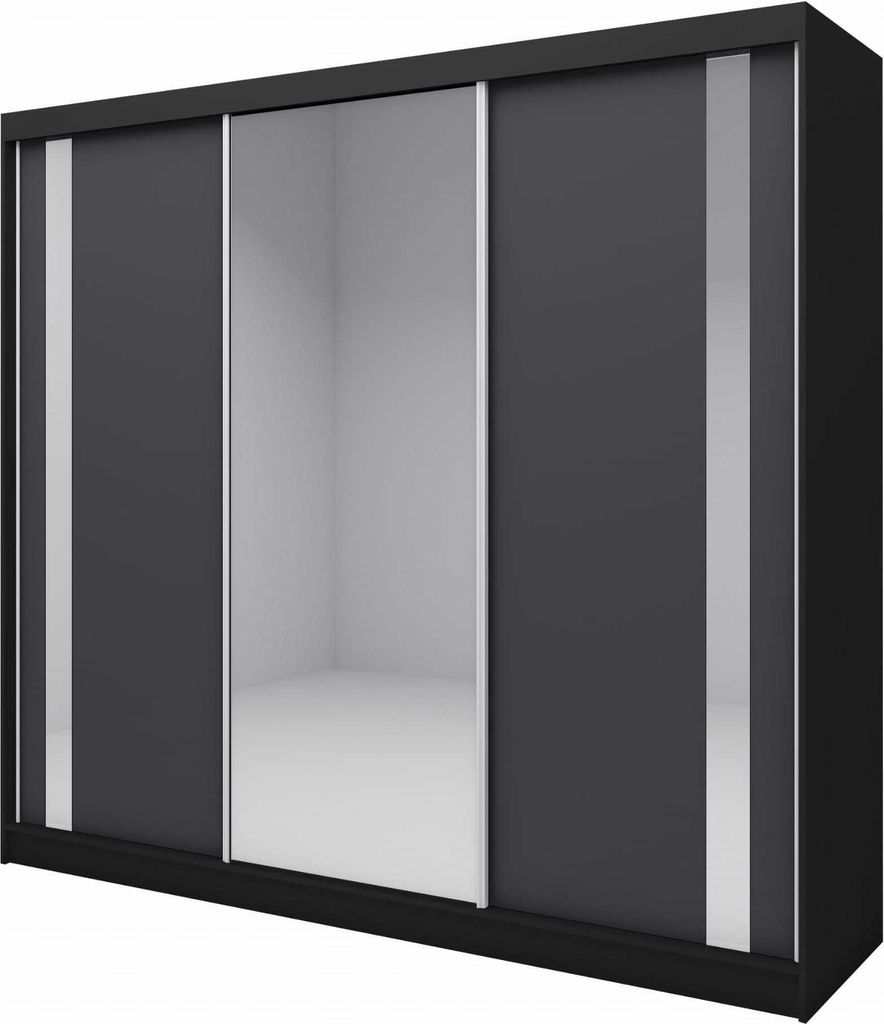 AGMAT Schwebetürenschrank Anzio, Kleiderschrank mit 3 Türen, Moderne Garderobe in Farbe: Schwarz / Graphit, Schrank in Größe: 240 x 216 x 61 cm