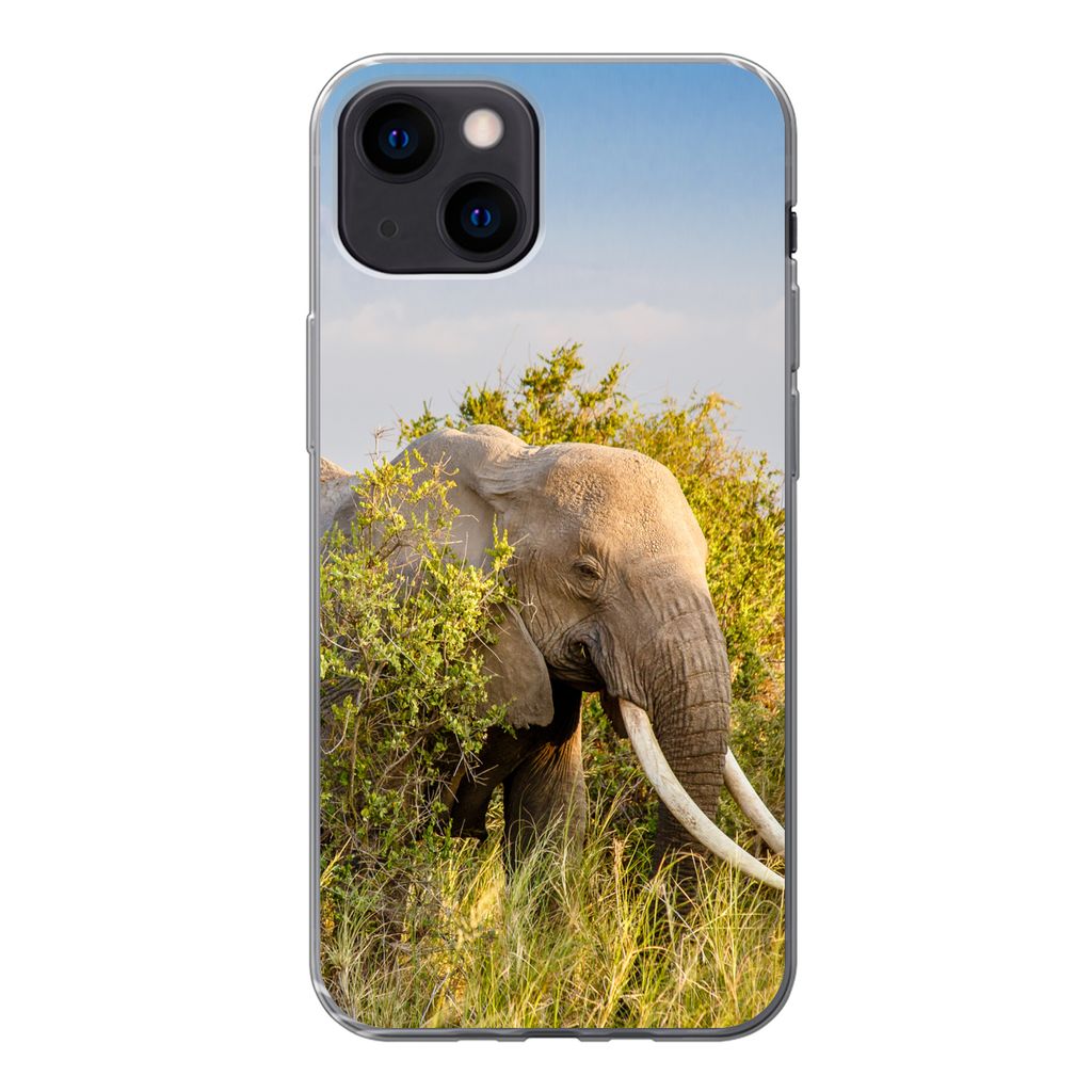 MuchoWow Handyhülle Schutzhülle Hülle für iPhone 13 mini Elefant - Tiere - Gras - Grün - Berg Silikon Softcase Handy Hülle - Softcase