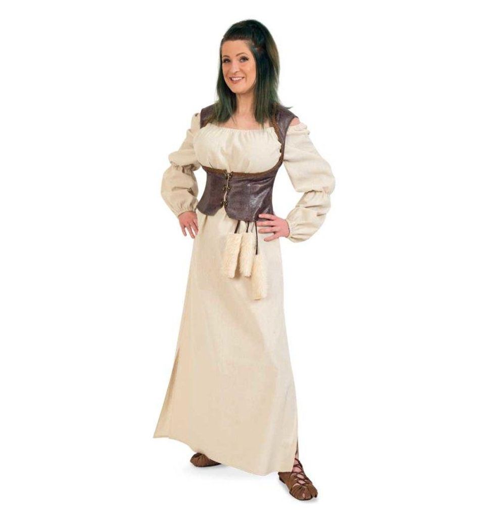 Damenkostüm 2-Teilig Frauenkleid und Weste in beige und braun Vintage Mittelalter Langarm Renaissance (L)