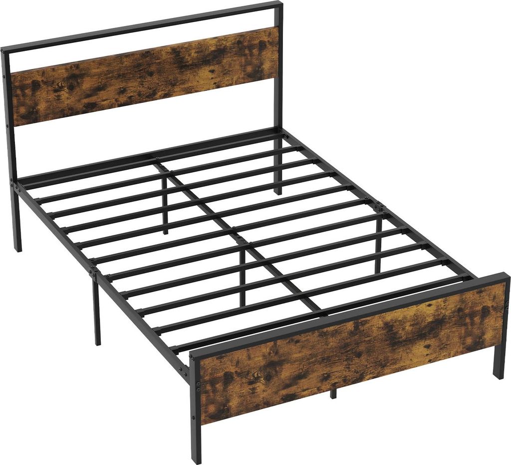 COSTWAY Metallbett Bettgestell für 200x140cm Matratze, industrielles Plattformbett mit hölzernem Kopf- und Fußteil, Gästebett, Doppelbettgestel...