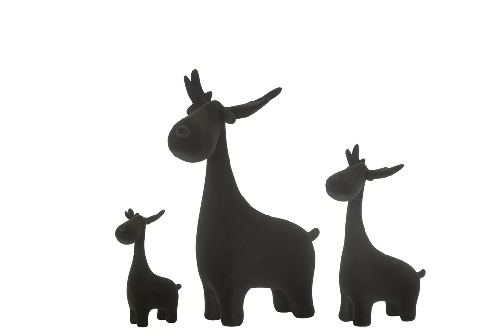J-Line Set de 3 Cerfs Velours en Résine Noir - Décoration Hivernale Chic