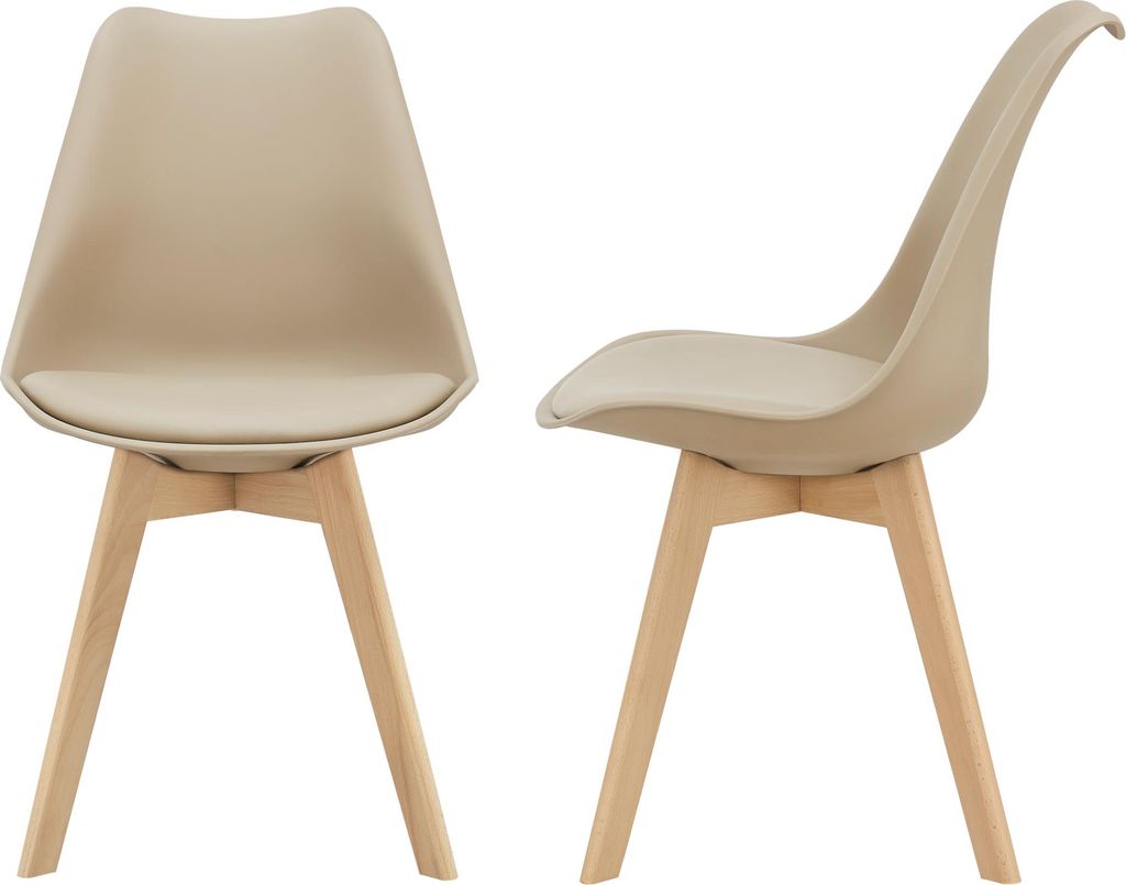 Two beige dining chairs with wooden legs are shown from different angles against a white background.