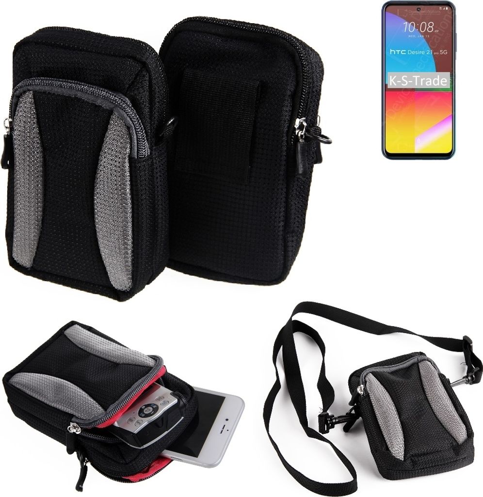 K-S-Trade Holster Schutz Hülle kompatibel mit HTC Desire 21 Pro Handy Hülle Gürteltasche Umhängetasche mit Zusatzfach schwarz