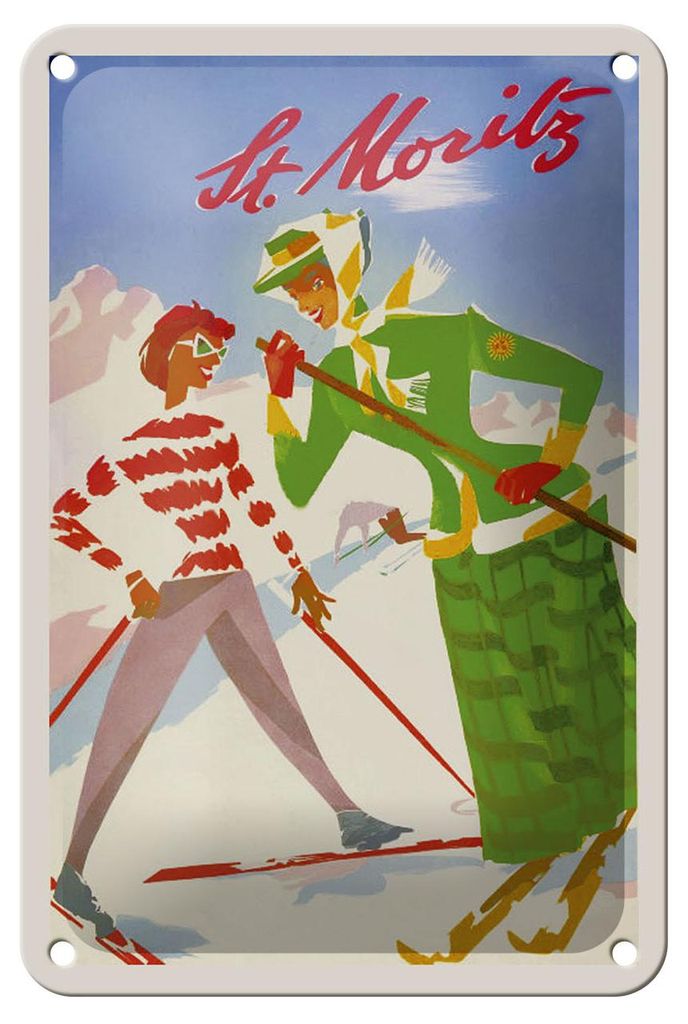 Blechschild Reise 12x18 cm St. Moritz Frauen auf Ski Deko Schild