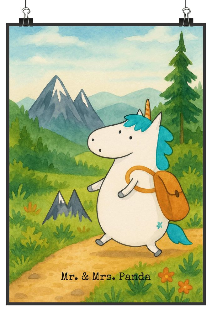 Mr. & Mrs. Panda Bild Einhorn Bergsteiger Design DIN A4 - Weiß - Geschenk, Deko, Abenteuer, drucke, Unicorn, Berge, Einhörner, Kunstdruck, Reisen...