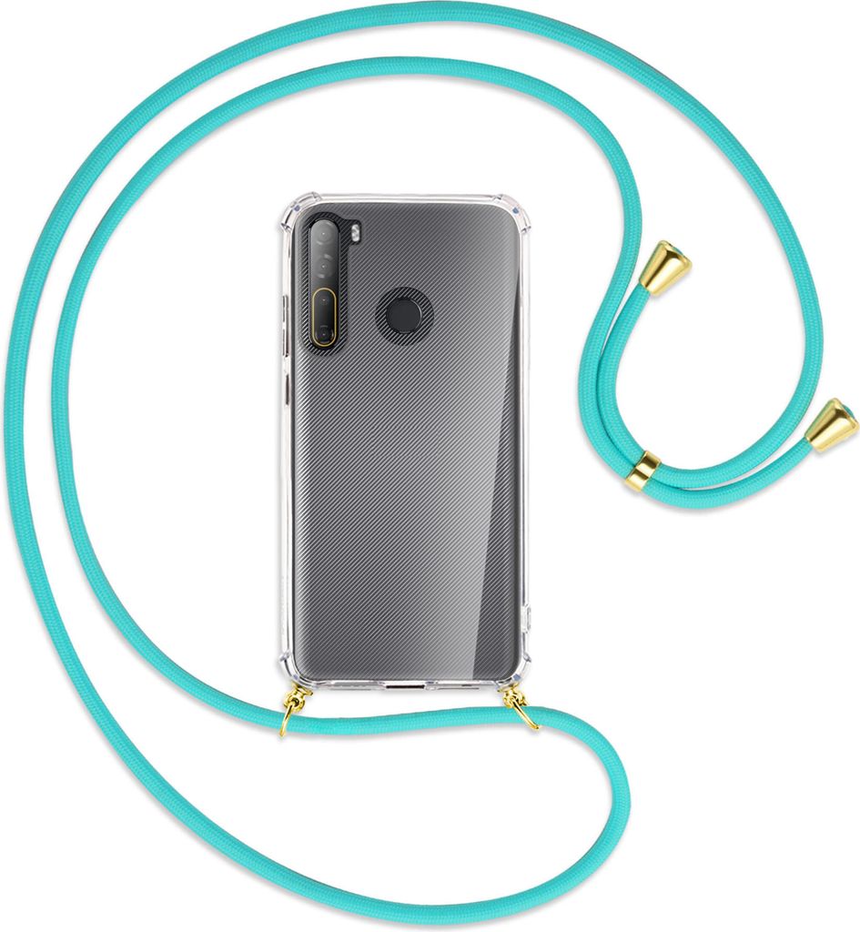 Handykette Backcover-Schutzhülle mit Band (Metall goldfarben) für HTC Desire 20 Pro - türkis