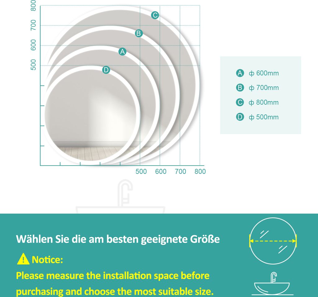 EMKE LED Badspiegel Rund 60 cm Durchmesser LED Spiegel Produktbild 10