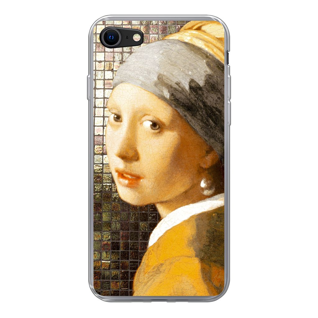 MuchoWow Handyhülle Schutzhülle Hülle für iPhone SE 2022 Mädchen mit Perlenohrring - Vermeer - Kacheln Silikon Softcase Handy Hülle - Schut...