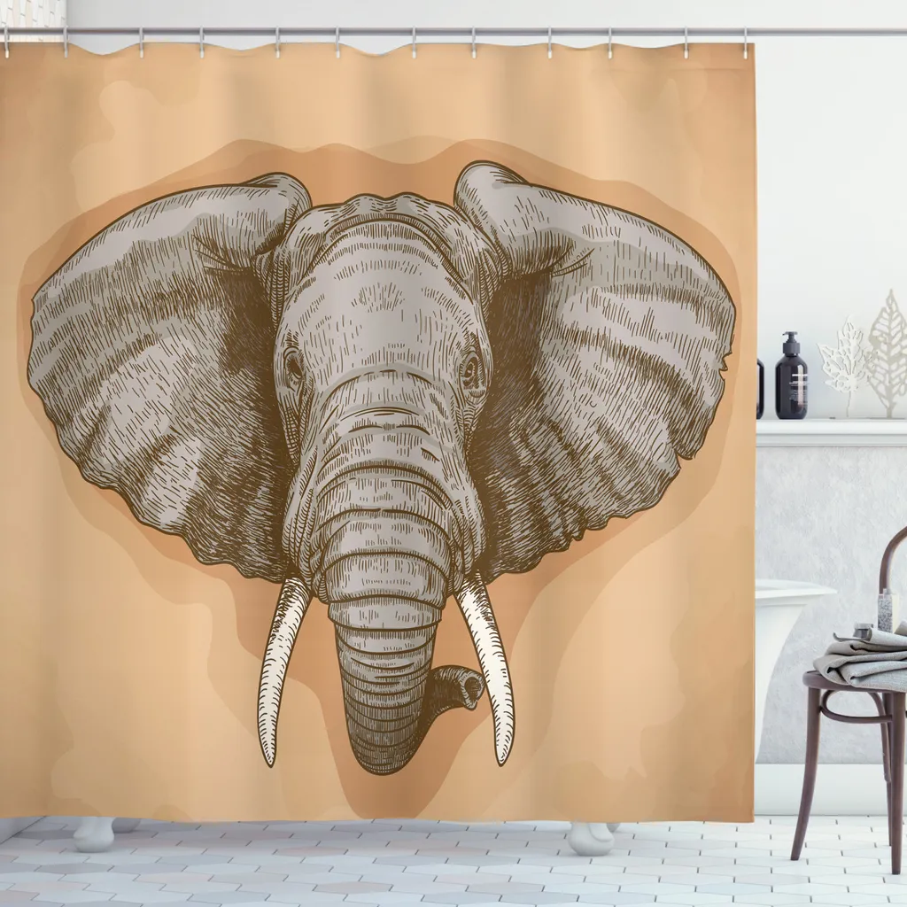 Rideau de douche anti-bactérien gris amande motif éléphant 175x240cm