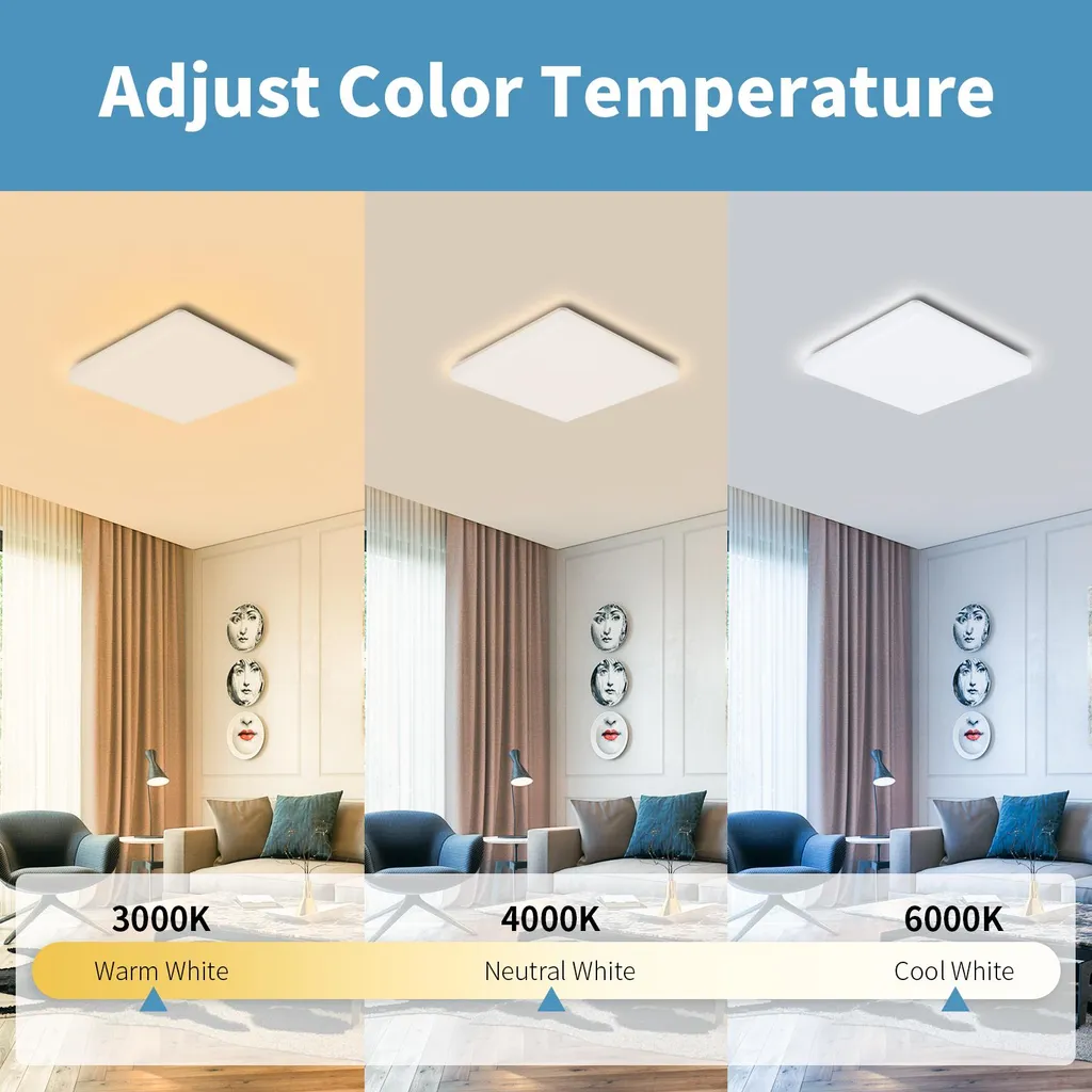 Plafonnier LED carré à gradation 3CCT - Éclairage modulable blanc 24W