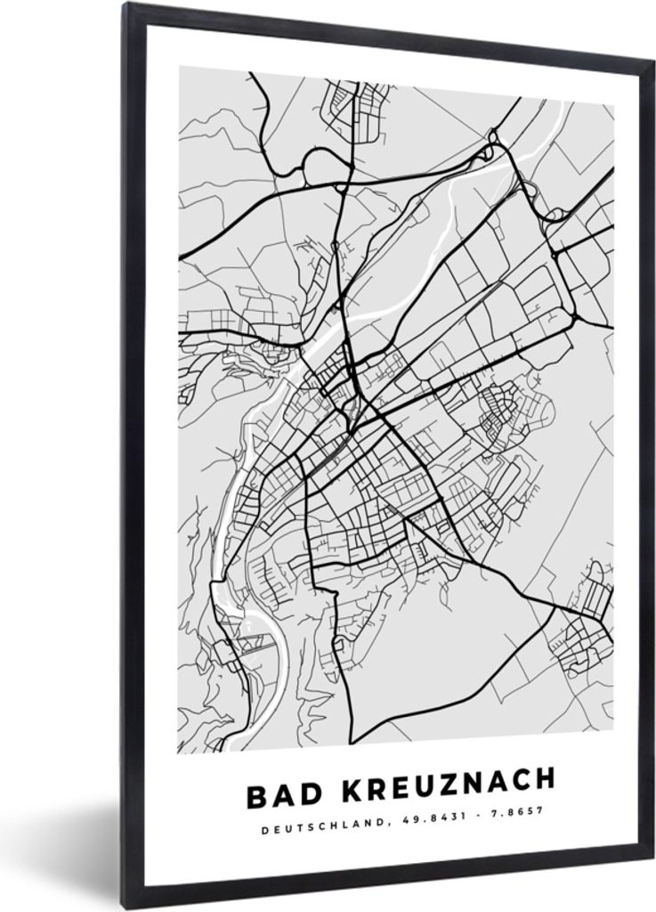 MuchoWow Gerahmtes Poster Stadtplan - Bad Kreuznach - Karte - Deutschland 40x60 cm - Poster mit Schwarzem Bilderrahmen Wandposter Rahmen Foto Bil...