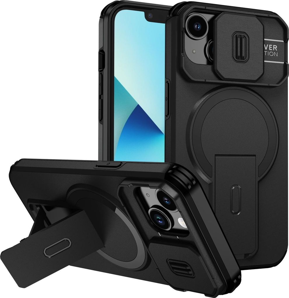 Magnetisch Hülle für iPhone 14/iPhone 13, Dual Layer Stoßfest Handyhülle mit Dia Kameraschutz, Verstellbarem Ständer Schwarz