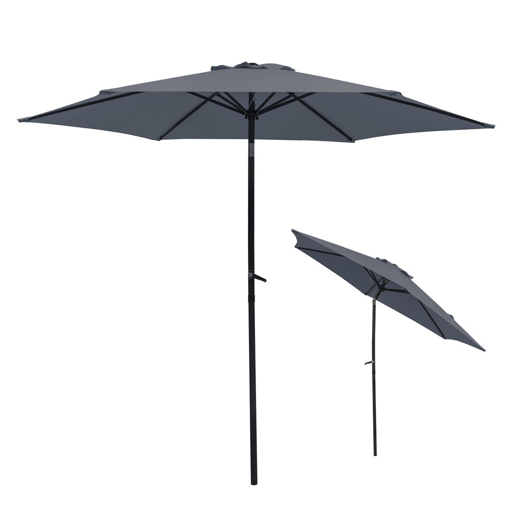 Two gray patio umbrellas are shown against a white background. One is fully open and upright, while the other is partially closed and angled.