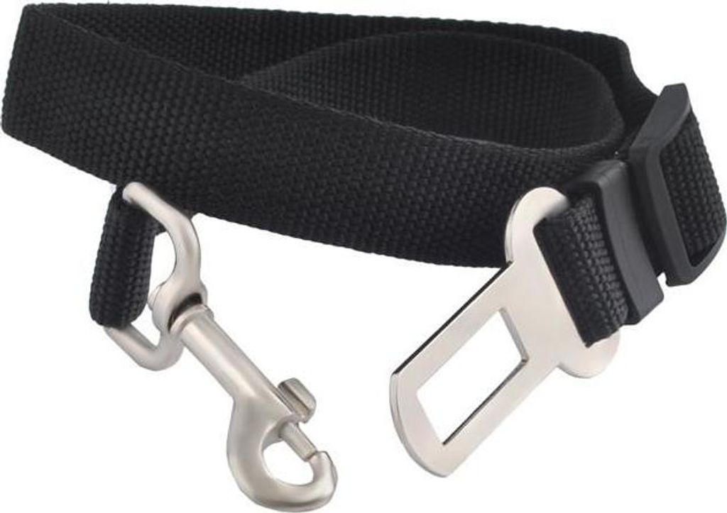 A black dog seatbelt with silver metal clips.