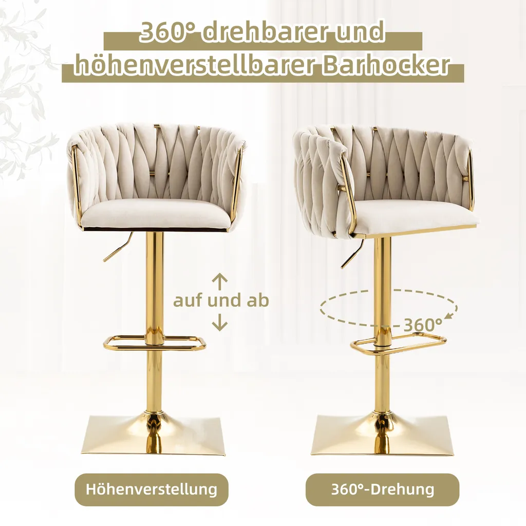 Tabouret de Bar Pivotant en Velours avec Piétement Or Luxe Lot de 2 Ivory - 3