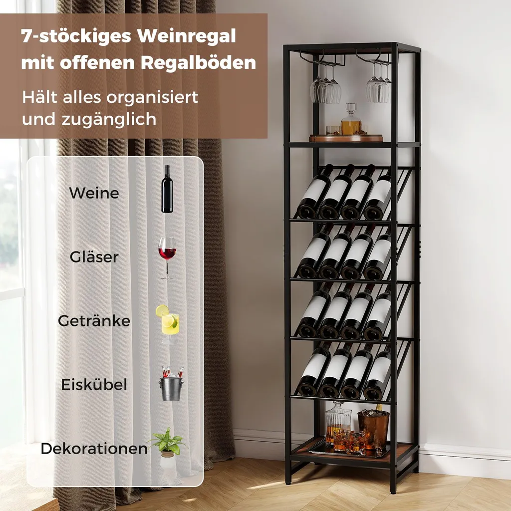 Support à vin noir 16 bouteilles avec 2 étagères et porte-verres