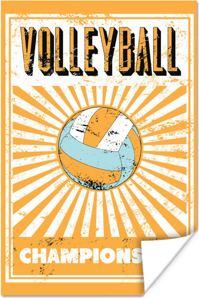 MuchoWow Poster Volleyball-Illustration mit Zitat "Volleyball-Meisterschaft" mit verwitterten Elementen 80x120 cm - Papierdruck