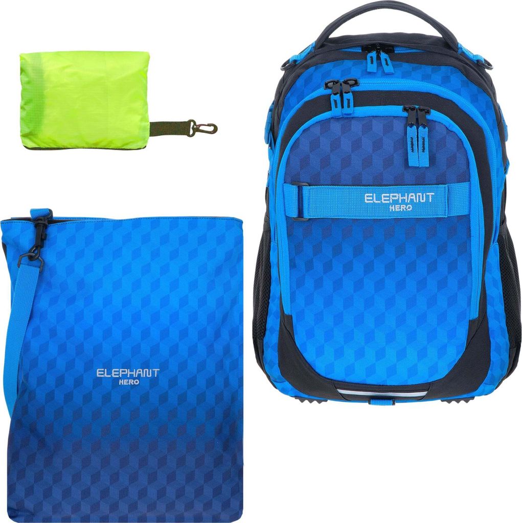 Schulrucksack 3 Teile Set Jungen ab 3. Klasse Tasche Mappe Schultasche Rucksack + Turnbeutel Attach Bag + Regenhülle 12868 Dark Blue Cube Blau rtp