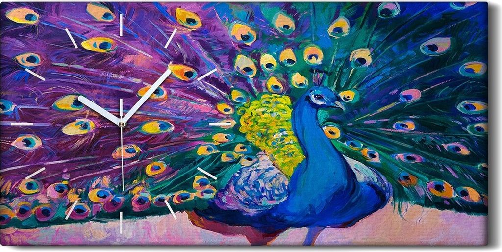 Leinwand Uhr Küche Wohnzimmer Bild 60x30 Gemälde Tier Vogel Pfauen Federn Kunst - weiße Hände