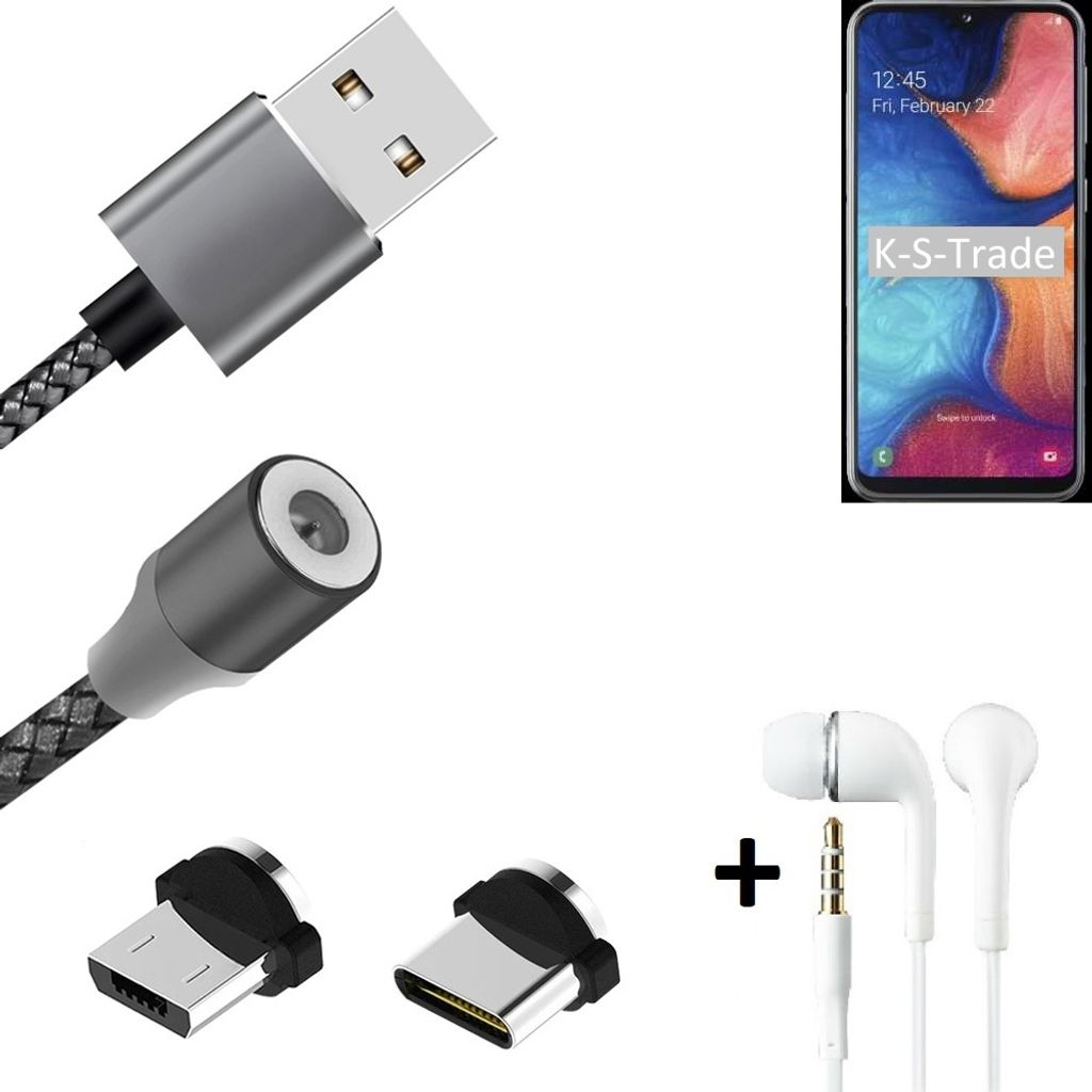 K-S-Trade Hochwertiges Magnet-Lade-kabel Sync-Kabel Daten-Kabel + Kopfhörer kompatibel mit Samsung Galaxy A20e mit USB-Typ-C-Anschluss und
