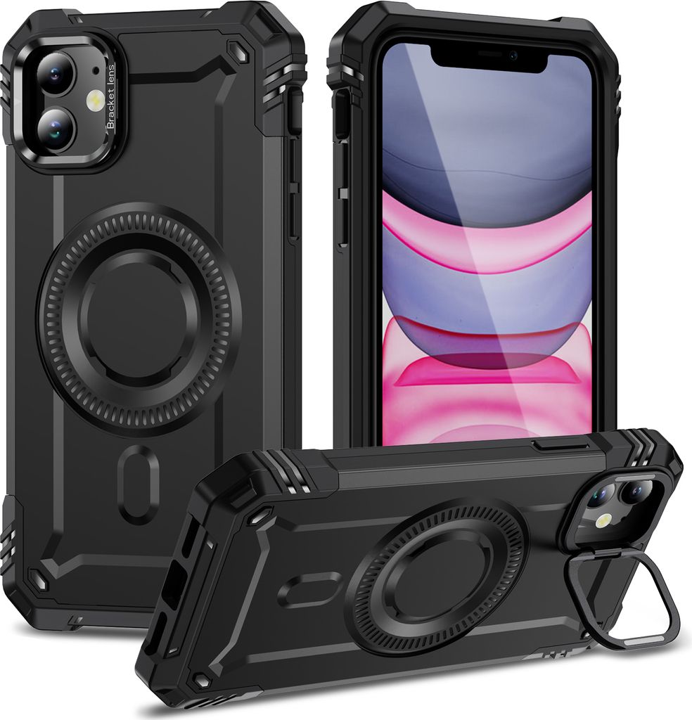 Magnetisch Hülle für iPhone 11/iPhone XR, Heavy Duty Militärischer Stoßfest Handyhülle Kamera-Ringständer Schwarz