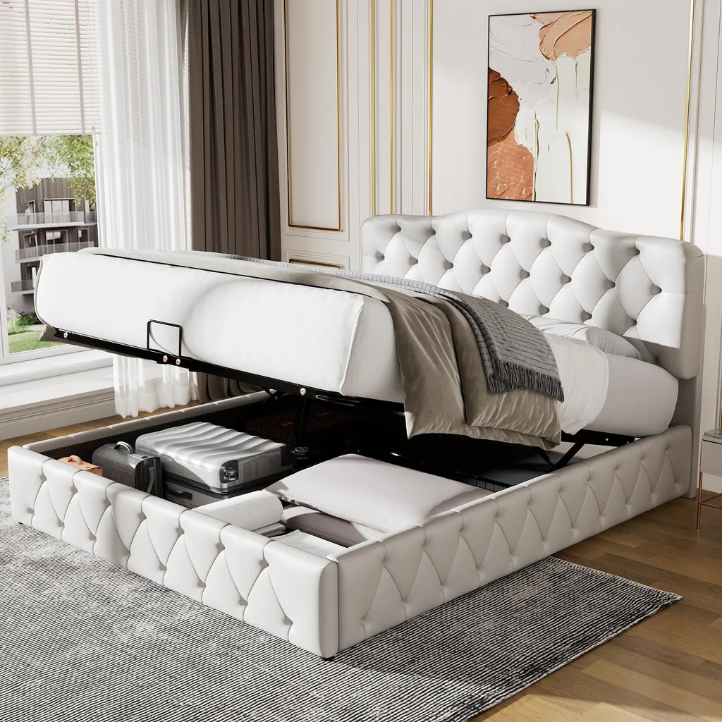 Lit 140x200 cm Gain de Place avec Coffre de Stockage Blanc pour Adulte