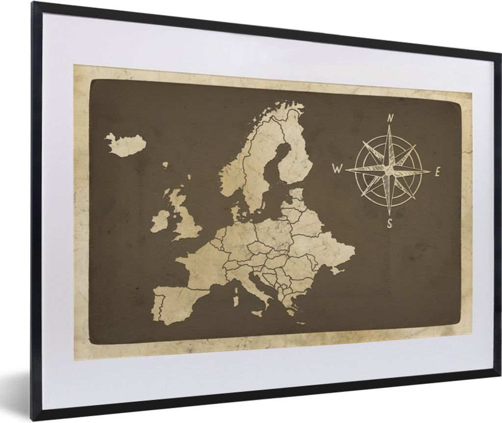 MuchoWow MuchoWow Gerahmtes Poster Karte von Europa - Vintage - Kompass 60x40 cm - Poster mit zchwarzem Bilderrahmen - Schlafzimmer - Plakat in...