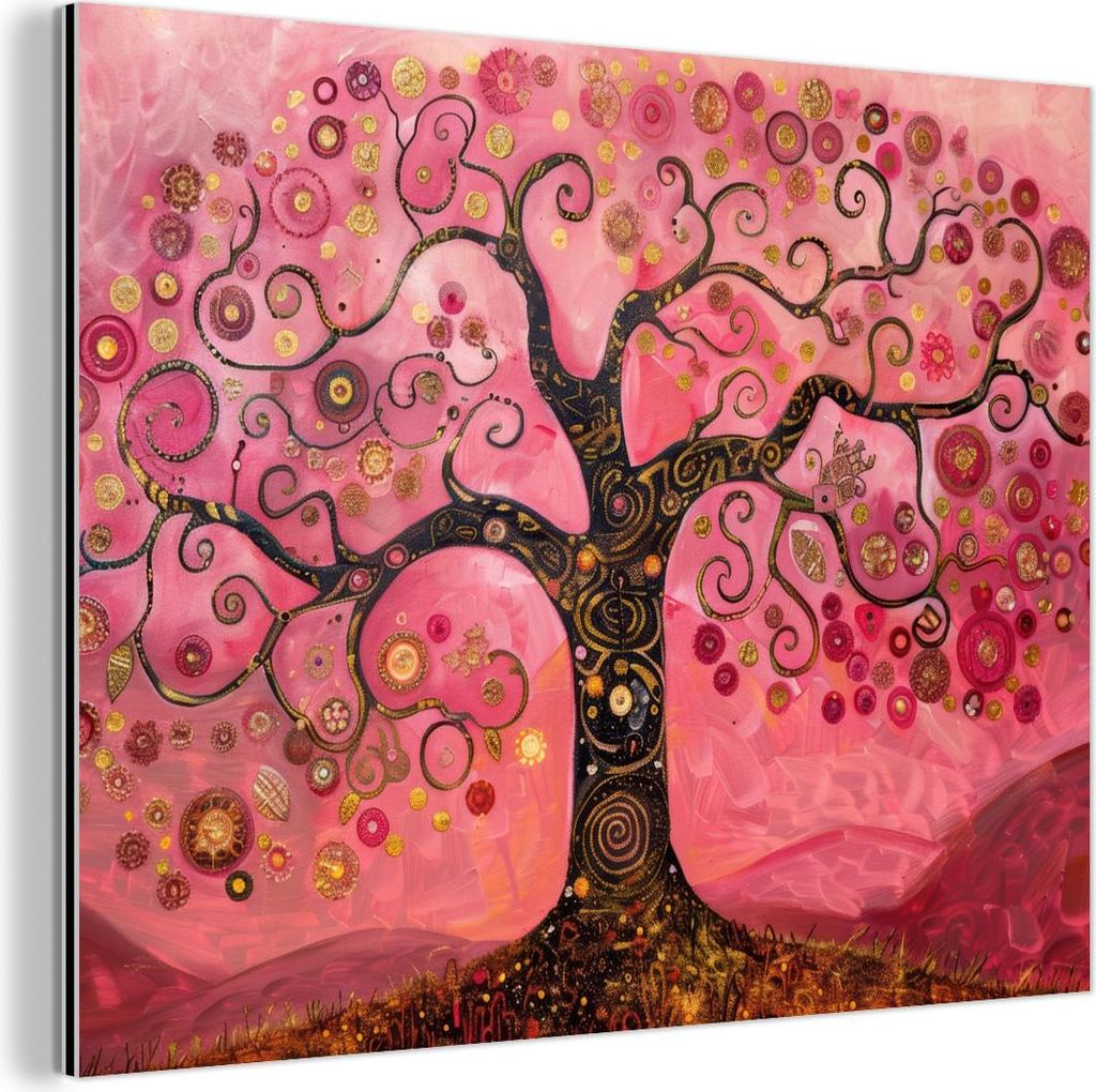 MuchoWow Wanddekoration Metall Metallbild Wandkunst 80x60 cm Baum - Baum des Lebens - Rosa - Gold MuchoWow Aluminium Gemälde - Alubild