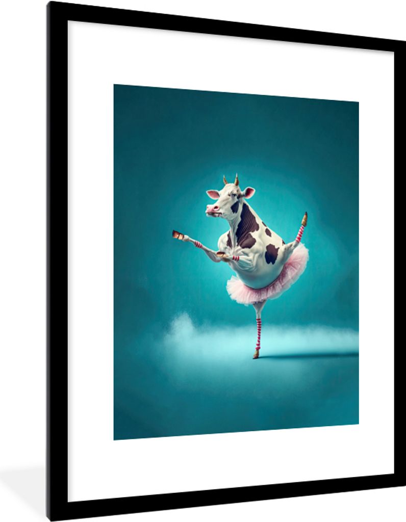 MuchoWow Gerahmtes Poster Kuh - Ballett - Porträt - Blau - Tiere 60x80 cm - Poster mit Schwarzem Bilderrahmen Wandposter Rahmen Foto Bilder - Wo...