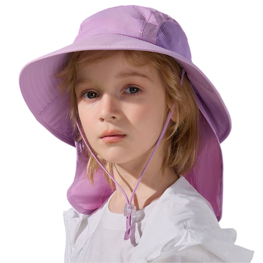 Sonnenhut Kinder, Atmungsaktive Fischerhut, UV Schutz Sommermütze mit Nackenschutz, Lila