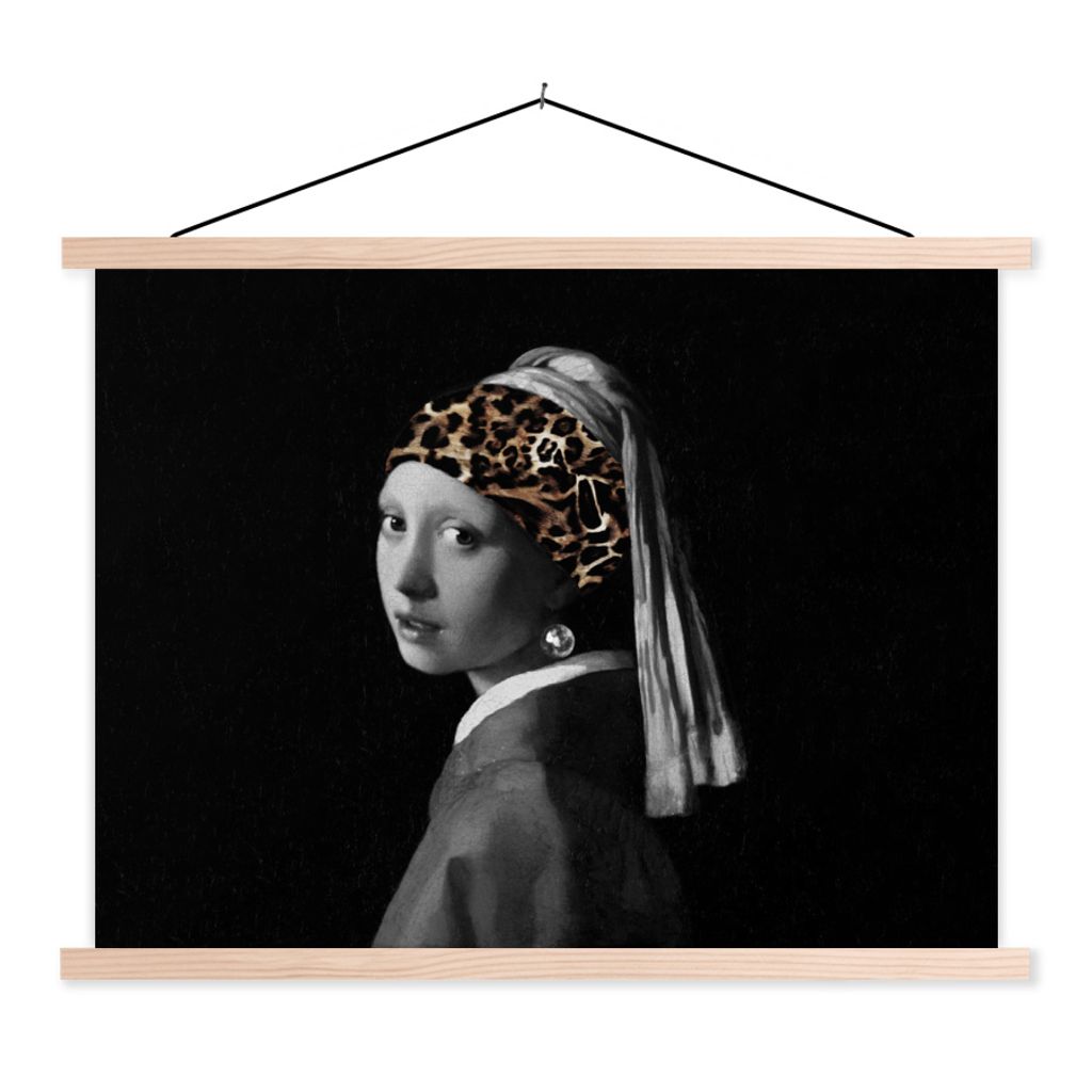 MuchoWow Textilposter Kunst - Girl with a Pearl Earring - Panther 40x30 cm mit holzfarbenen Rahmen - Bilder