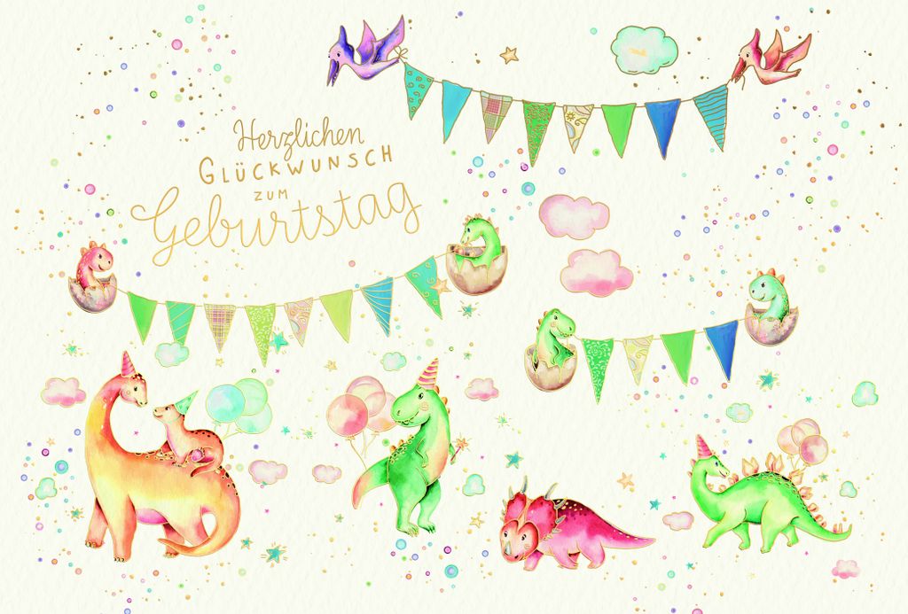 Kindergeburtstag Skorpion's Art Karte mit Briefumschlag Dinosaurier, Girlande, Wimpelkette