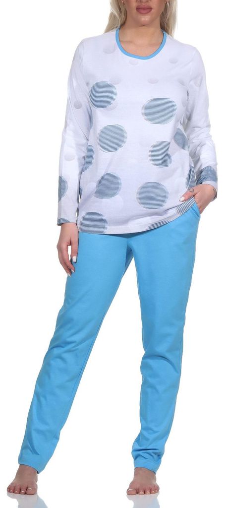 Normann Damen langarm Schlafanzug Pyjama in Tupfen-Punkte Optik - auch in Übergrössen ; blau , 48