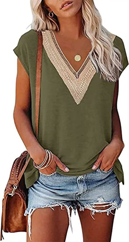 ASKSA Damen Kurzarm T-Shirt V-Ausschnitt Elegant Tunika Oberteile Sommer Lose Casual Tops, Armeegrün, S