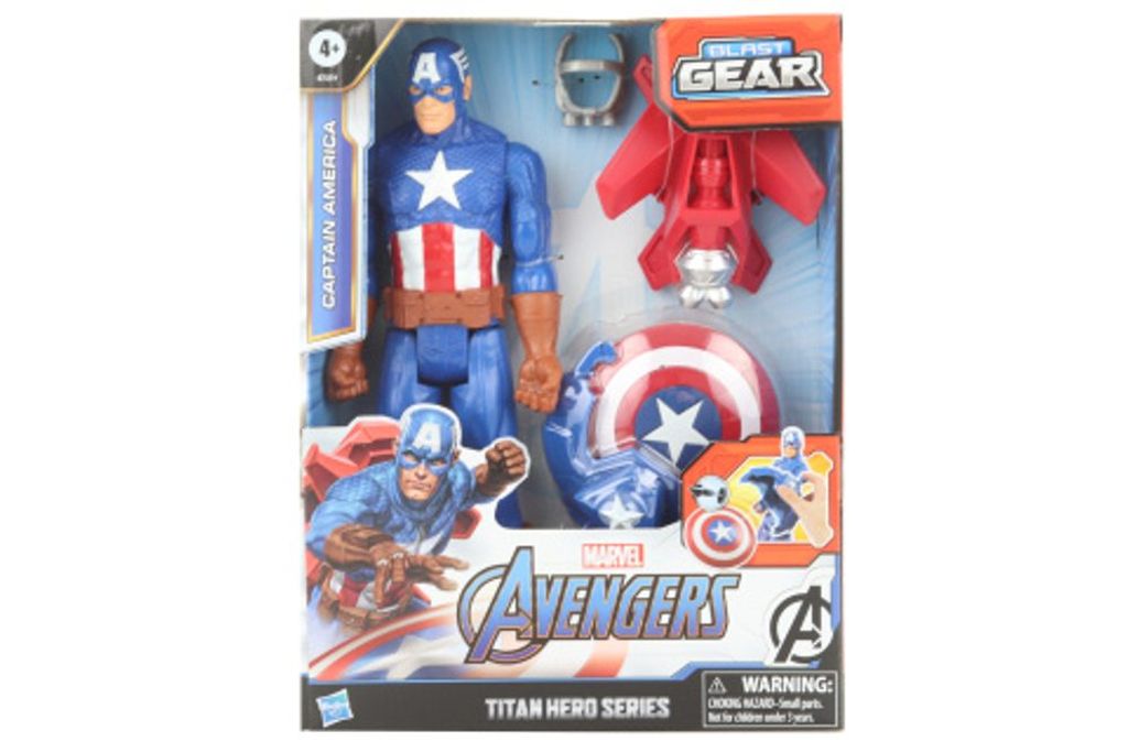 A toy action figure of Captain America in its packaging, along with accessories.