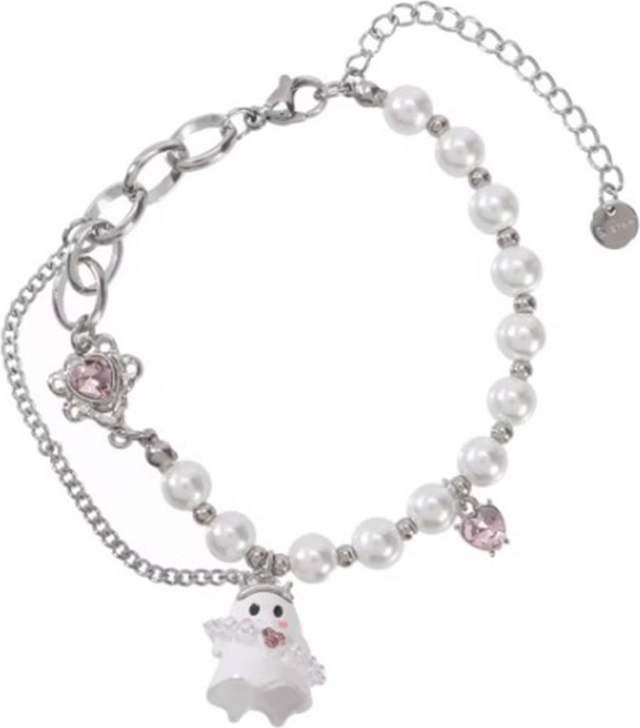 Armband für Damen, Cartoon-Geist-Anhänger, Kunstperlen, farblich passend, verstellbar, mit verlängerter Kette, Halloween-Geschenk, Handgelenksch...