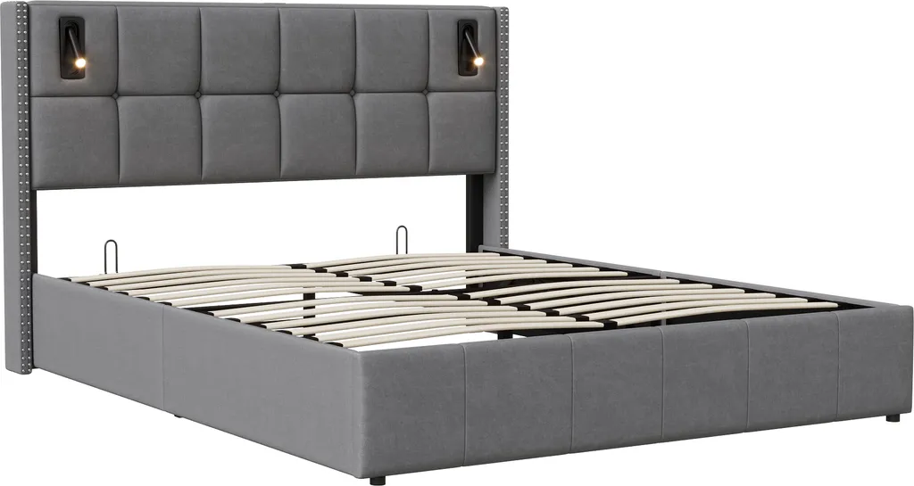 Lit coffre 160x200cm en velours gris avec sommier à lattes et liseuses