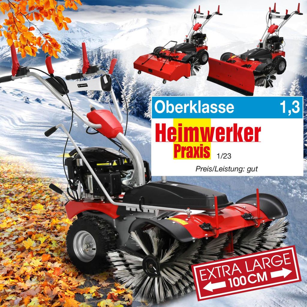 BRAST Kehrmaschine Benzin | Laubsammler Schneeschieber | XXL Premium | 4,8kW(6,5PS) | 100cm Arbeitsbreite | Elektrostart | Schneeketten | 3in1 Gerät