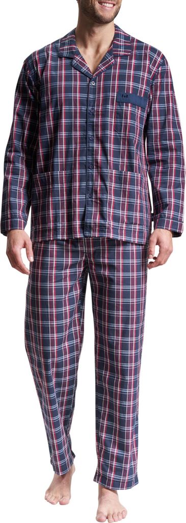 Götzburg Herren Pyjama Set Schlafanzug lang Pure Baumwolle, Farbe:Blau, Größe:3XL, Artikel:-634 blau / dunkel / karo