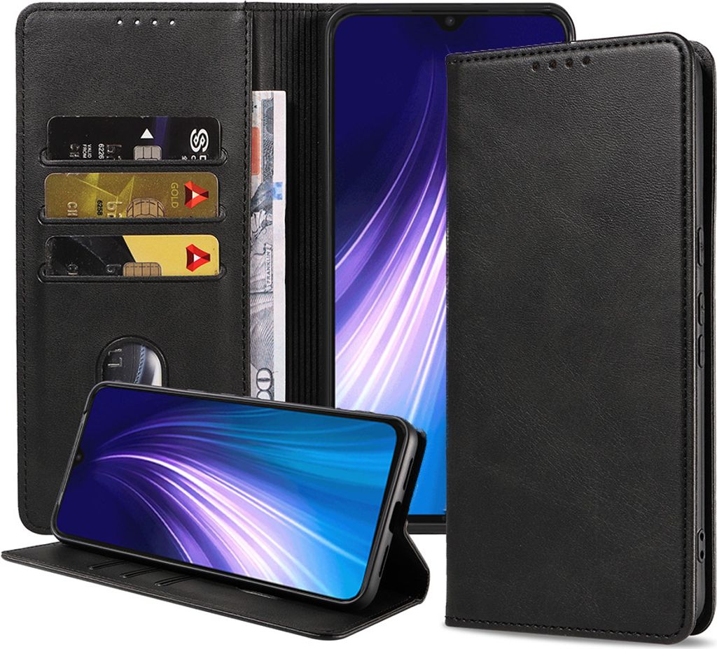 Smartphonica Handyhülle passend für Xiaomi Redmi Note 8 Pro Kunstlederhülle mit Magnetverschluss und Kartenhalter Buchhülle mit Klappe - Schwarz