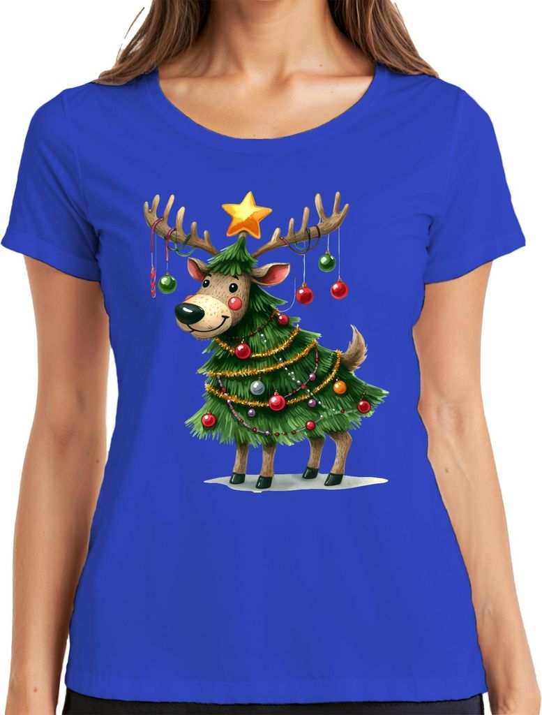 Weihnachtsrentier Weihnachtsbaum Stern Kugeln lustig Geschenk Damen T-Shirt, Blau, L