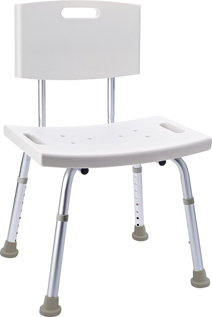 A white shower chair with a backrest and adjustable legs, shown from a front-diagonal angle against a white background.