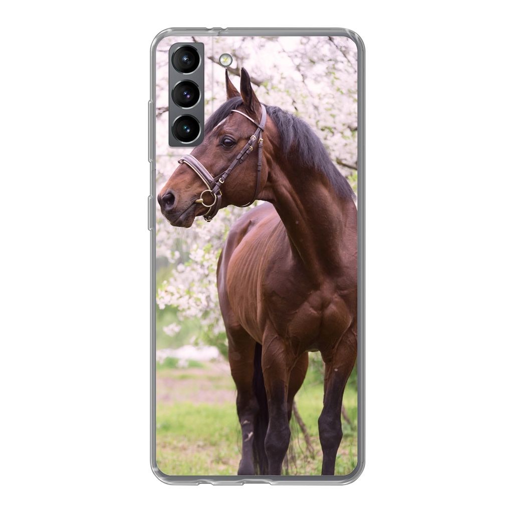 MuchoWow Handyhülle Schutzhülle Hülle für Samsung Galaxy S21 Plus Pferd - Sakura - Halfter Silikon Softcase Handy Hülle - Handy-Tasche