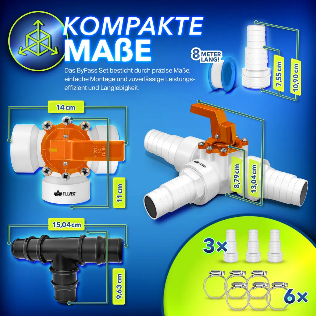 tillvex® Set bypass piscina 12 pezzi - attacco Ø32 e 38 mm | valvola a 3 vie e adattatore ABS | 6x fascette stringitubo & 8m nastro isolante - ideale per sistemi di filtraggio a sabbia, pompe di calore e riscaldamento piscina (arancione) - 8